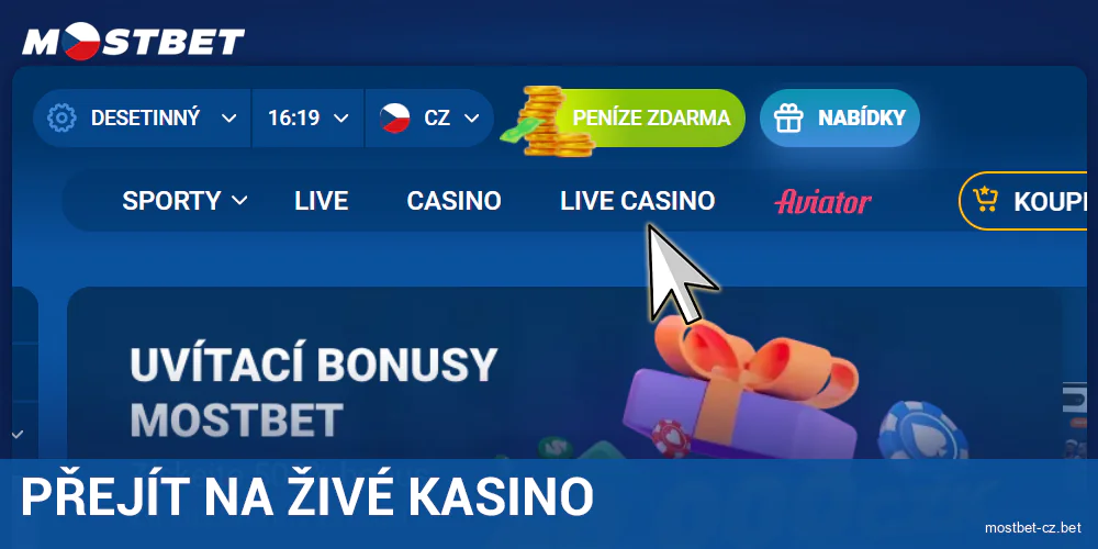 Přejděte do sekce živého kasina na webu Mostbet Česko