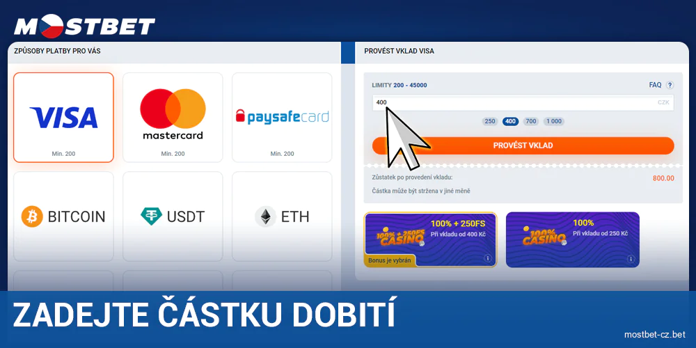 Zadejte částku vkladu v Mostbet CZ