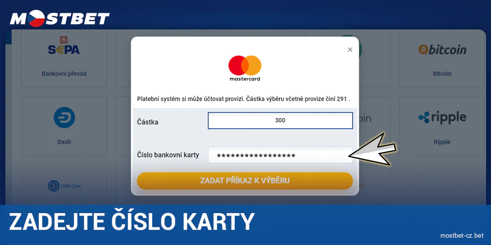 Zadejte číslo karty v Mostbet CZ