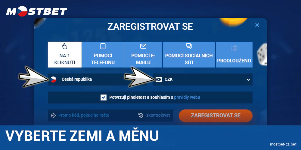 Vyberte zemi a měnu v Mostbet CZ