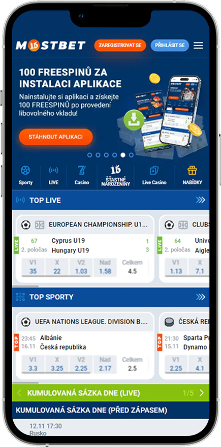 Screenshot domovské stránky Mostbet Česko